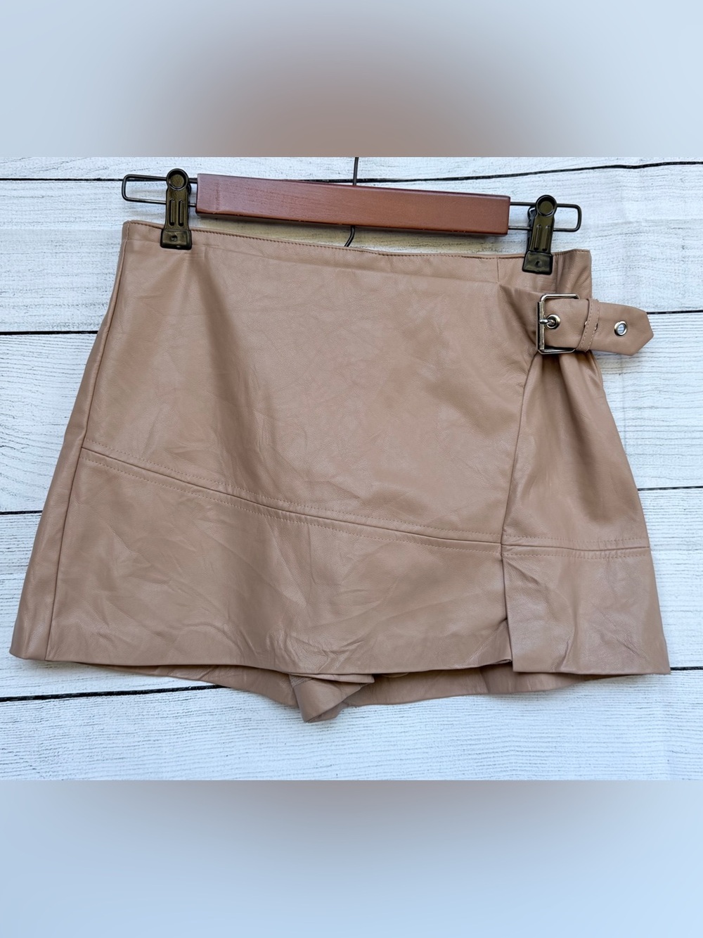 C'isa Faux Leather Buckle Accent Wrap Skort - Small